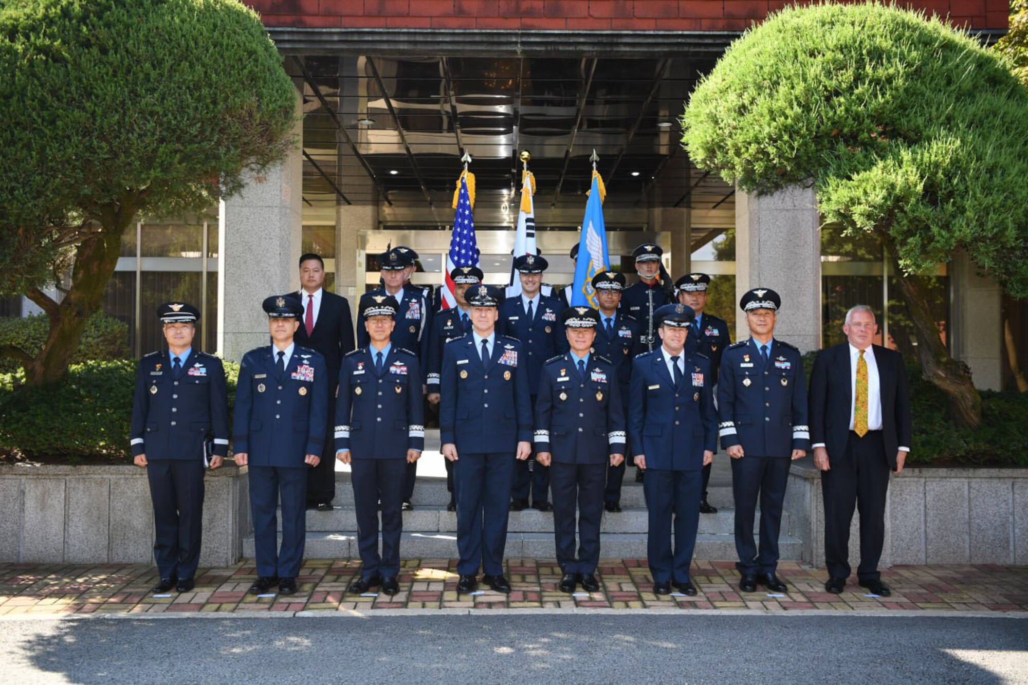 U.S. Air Force Chief of Staff Gen. David Allvin and Republic of Korea Air Force Chief of Staff Gen. Lee Young-su, pose with senior ROK and U.S. air force leaders at the ROKAF Headquarters in Gyeryongdae, Republic of Korea, Oct. 17, 2024.