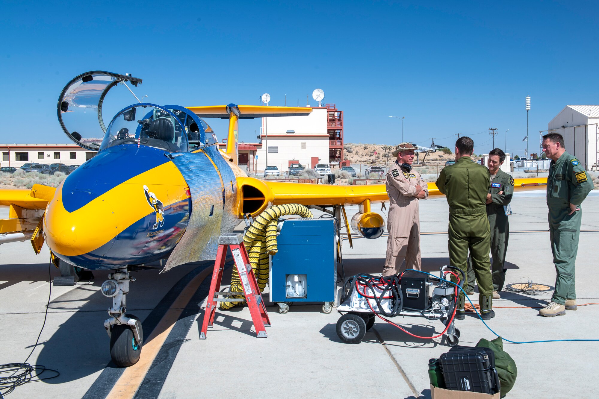 Two L-29's from the University of Iowa's Operator Performance Laboratory recently supported several test initiatives in collaboration with the United States Air Force Test Pilot School. The thirty-day deployment at Edwards helped students and instructors obtain key research in the areas of autonomy and machine learning (Air Force photo by Madeline Guadarrama).