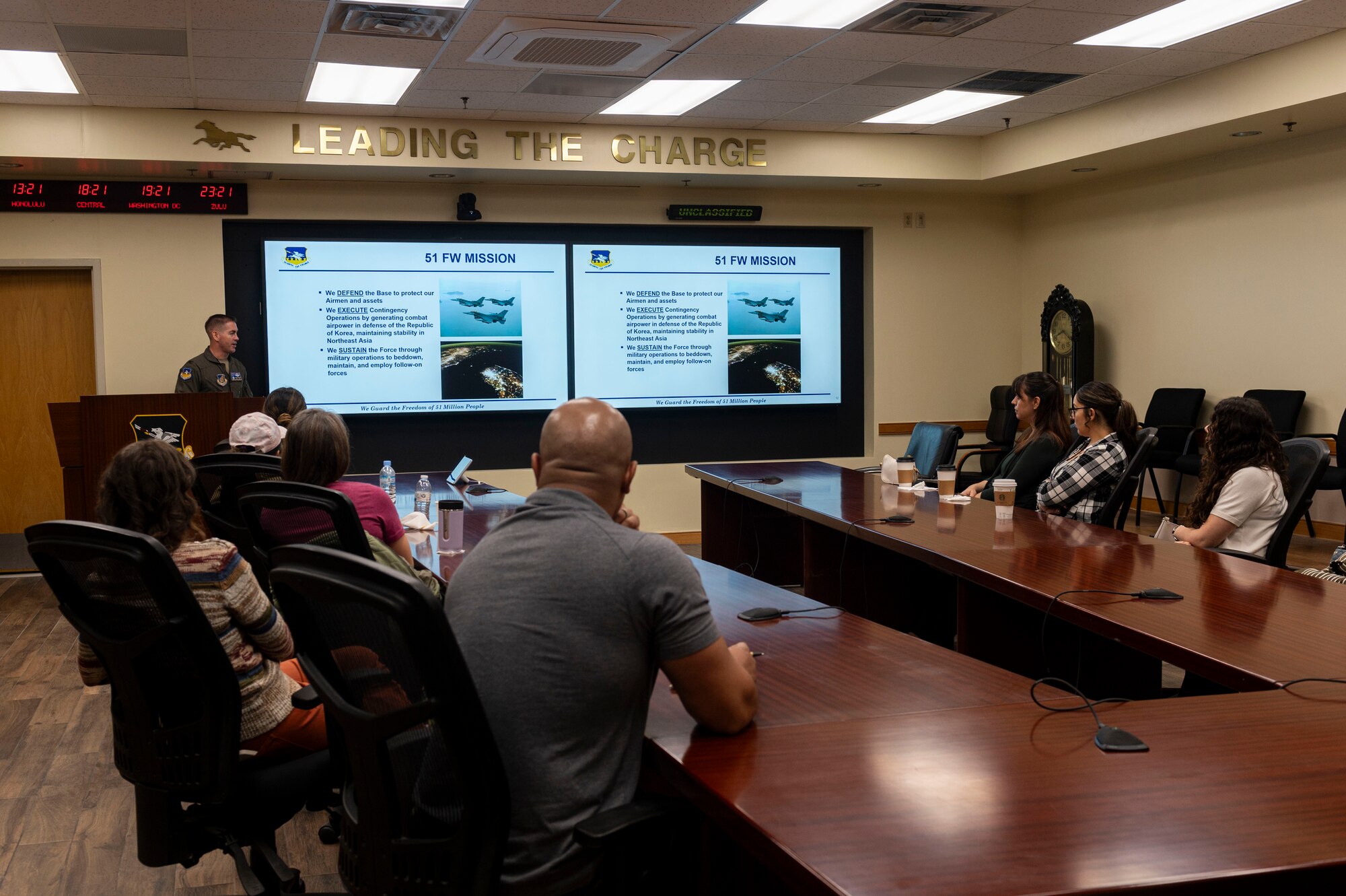 U.S. Air Force Col. Kevin Walsh, 51st Fighter Wing deputy commander, gives a mission brief during the Osan Spouse Immersion Tour at Osan Air Base, Republic of Korea, Oct. 16, 2024. The Osan Spouse Immersion Tour is aimed to showcase the 51st FW mission and capabilities to spouses. (U.S. Air Force photo by Senior Airman Kaitlin Frazier)