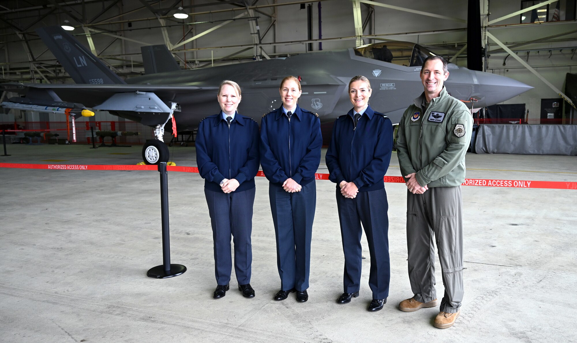 Royal Air Force Wing Commander Helen Miller, left, Senior RAF Liaison Officer; Group Captain Leonie Boyd, second left, RAF Marham Station Commander and U.S. Visiting Forces Support Group Commander; Air Commodore Claire O’Grady, second right, Deputy Air Officer No. 2 Group, and U.S. Air Force Col. Jack Arthaud, 48th Fighter Wing commander, pose for a photo in front of an F-35A Lightning II aircraft during a special event at RAF Lakenheath, England, Oct. 9, 2024. The event aimed to facilitate interactions between for Vice Lord-Lieutenants, Deputy Lieutenants, High Sheriffs, RAF representatives and other invited guests from the local community, providing insights into the wing’s missions and showcasing various aircraft and squadron displays. (U.S. Air Force photo by Karen Abeyasekere)