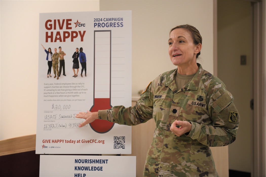 Lt. Col. Vanessa Bowman, USACE Savannah District deputy commander, provides welcome remarks to attendees during the District’s Combined Federal Campaign Kickoff Event, Oct. 15, 2024, at the headquarters in downtown Savannah, Georgia.