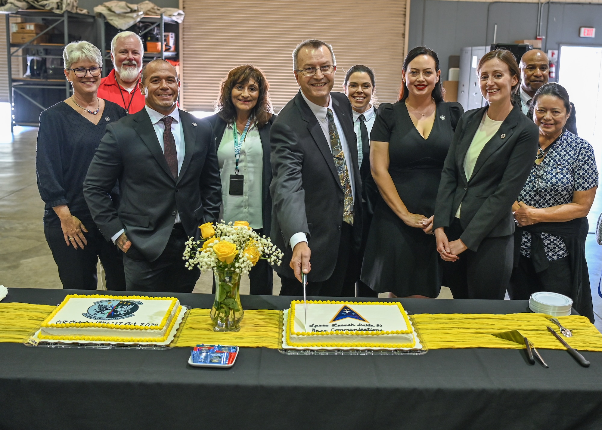 Members of the 30th Space Communications, previously 30th Space Communications Squadron, pose for a photo during the inactivation ceremony at Vandenberg Space Force Base.