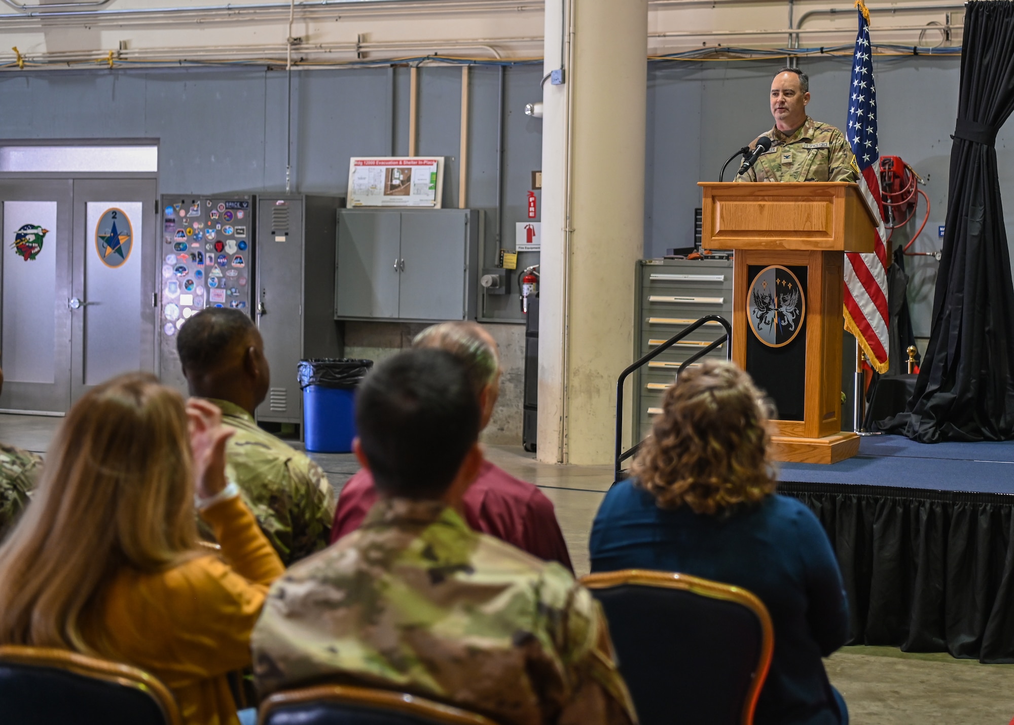 Space Launch Delta 30 commander, speaks to guests in attendance during the 30th Space Communications Squadron inactivation ceremony at Vandenberg Space Force Base.