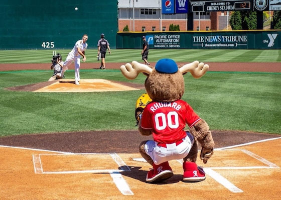 Bringing ceremonial heat...For lifetime New York Mets fan, U.S. Navy Capt. Robert Uniszkiewicz did enjoy the unique opportunity of throwing out the first pitch at a Tacoma Rainier – Triple A farm team of the Seattle Mariners - home game in 2017 when stationed at Naval Hospital Bremerton. “That’s remains a highlight of my life,” Uniszkiewicz said. Along with fellow Mets fan, retired Navy Senior Chief Culinary Specialist Submarine Kevin Flatley, Uniszkiewicz continues to enjoy his team as they compete towards the Fall Classic. One pitch at a time...(Official Navy photo by Chief Mass Communication Specialist Kyle Steckler)