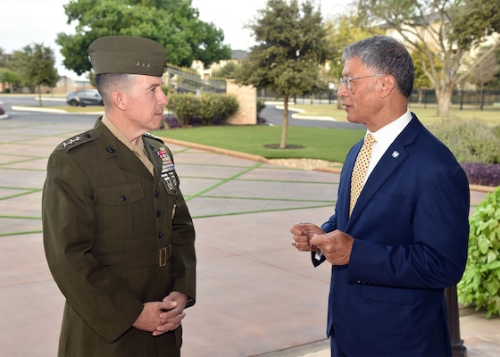 SAN ANTONIO – (Oct. 17, 2024) – Retired U.S. Army Maj. Gen. Joseph Caravalho Jr., MD (right), president and CEO of the Henry M. Jackson Foundation for the Advancement of Military Medicine, Inc. (HJF), greets U.S. Marine Corps Lt. Gen. Benjamin Watson, commanding general, Training and Education Command (TECOM) at the 2024 Heroes of Military Medicine San Antonio Awards Program held at The Red Berry Estate. Watson served as a special guest speaker at the event. The awards program, hosted by the HJF, recognized exception community leaders who advance military medicine in and around the greater San Antonio area. The event brought the story of Military City USA’s unique military and civilian medical research and clinical care collaborations to national and global attention. (U.S. Navy photo by Burrell Parmer, NAMRU San Antonio Public Affairs/Released)