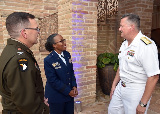 SAN ANTONIO – (Oct. 17, 2024) – Rear Adm. Walter Brafford, commander, Naval Medical Forces Development Command (NMFDC) and chief of the U.S. Navy Dental Corps speaks with U.S. Air Force Brig. Gen. Gwendolyn Foster, commander, 59th Medical Wing (MDW) and U.S. Army Col. Mark Stackle, commander, Brooke Army Medical Center (BAMC) at the 2024 Heroes of Military Medicine San Antonio Awards Program held at The Red Berry Estate. The three commanders served as special guest speakers at the event. The awards program, hosted by the Henry M. Jackson Foundation for the Advancement of Military Medicine, Inc. (HJF), recognized exception community leaders who advance military medicine in and around the greater San Antonio area. The event brought the story of Military City USA’s unique military and civilian medical research and clinical care collaborations to national and global attention. (U.S. Navy photo by Burrell Parmer, NAMRU San Antonio Public Affairs/Released)