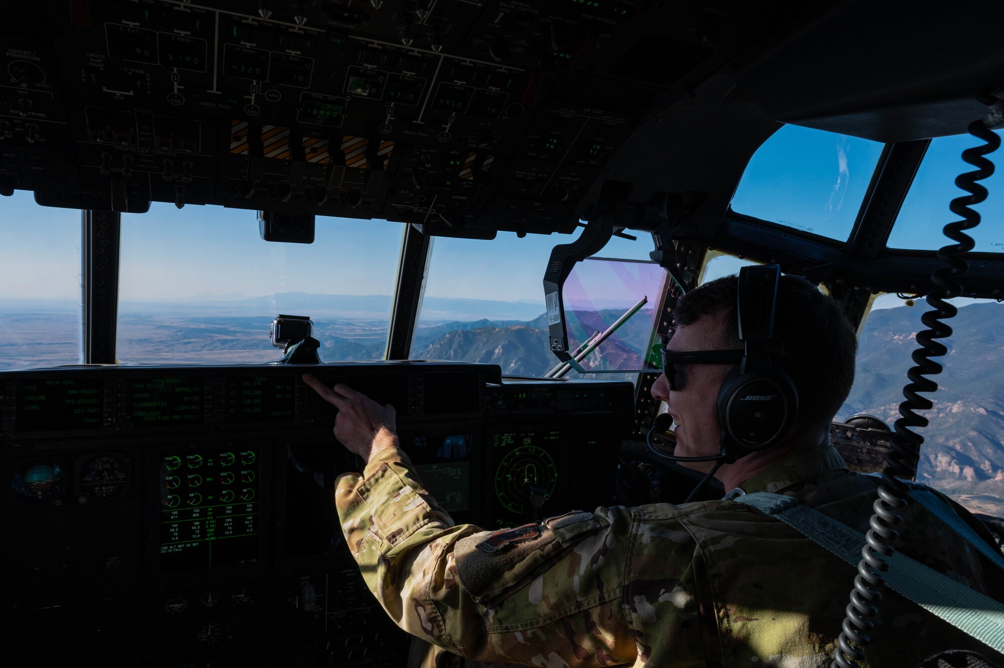 A U.S. Air Force MC-130J Combat Talon II pilot, assigned to the 15th Special Operations Squadron, flies over the United States Air Force Academy, Colorado, Oct. 5, 2024.