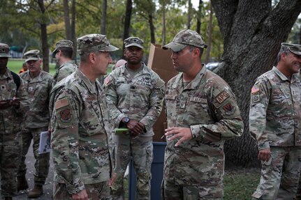 Air Force Gen. Steven Nordhaus, chief, National Guard Bureau, meets with Florida National Guard leaders and Guardsmen mobilized in Tampa, Florida, to help communities affected by Hurricane Milton Oct. 16, 2024.