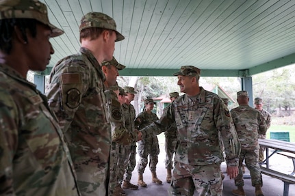 Air Force Gen. Steven Nordhaus, chief, National Guard Bureau, meets with Florida National Guard leaders and Guardsmen mobilized in Tampa, Florida, to help communities affected by Hurricane Milton Oct. 16, 2024.