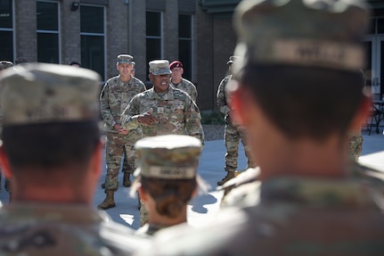 Senior Enlisted Advisor Tony Whitehead, SEA to the chief, National Guard Bureau, addresses Michigan Guardsmen mobilized in North Carolina to help communities affected by Hurricane Helene, Oct. 16, 2024.