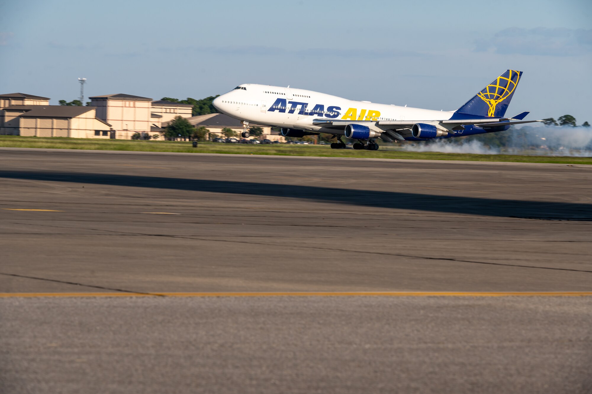 A Boeing 747-400 HD aircraft lands at Hurlburt Field, Florida, Oct. 7, 2024.