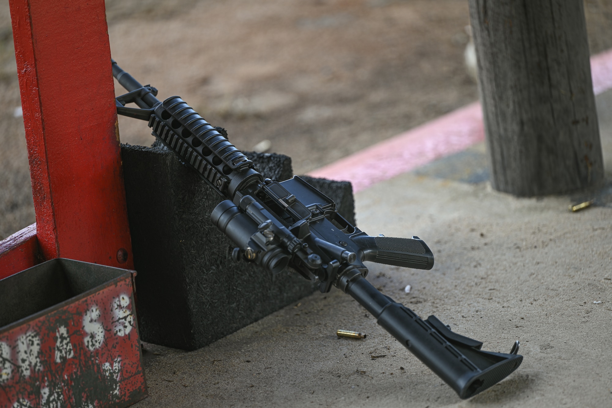 An M4 rifle sits on a safety block at the Combat Arms Training and Maintenance Range,at Hurlburt Field, Florida, Sept. 25, 2024.