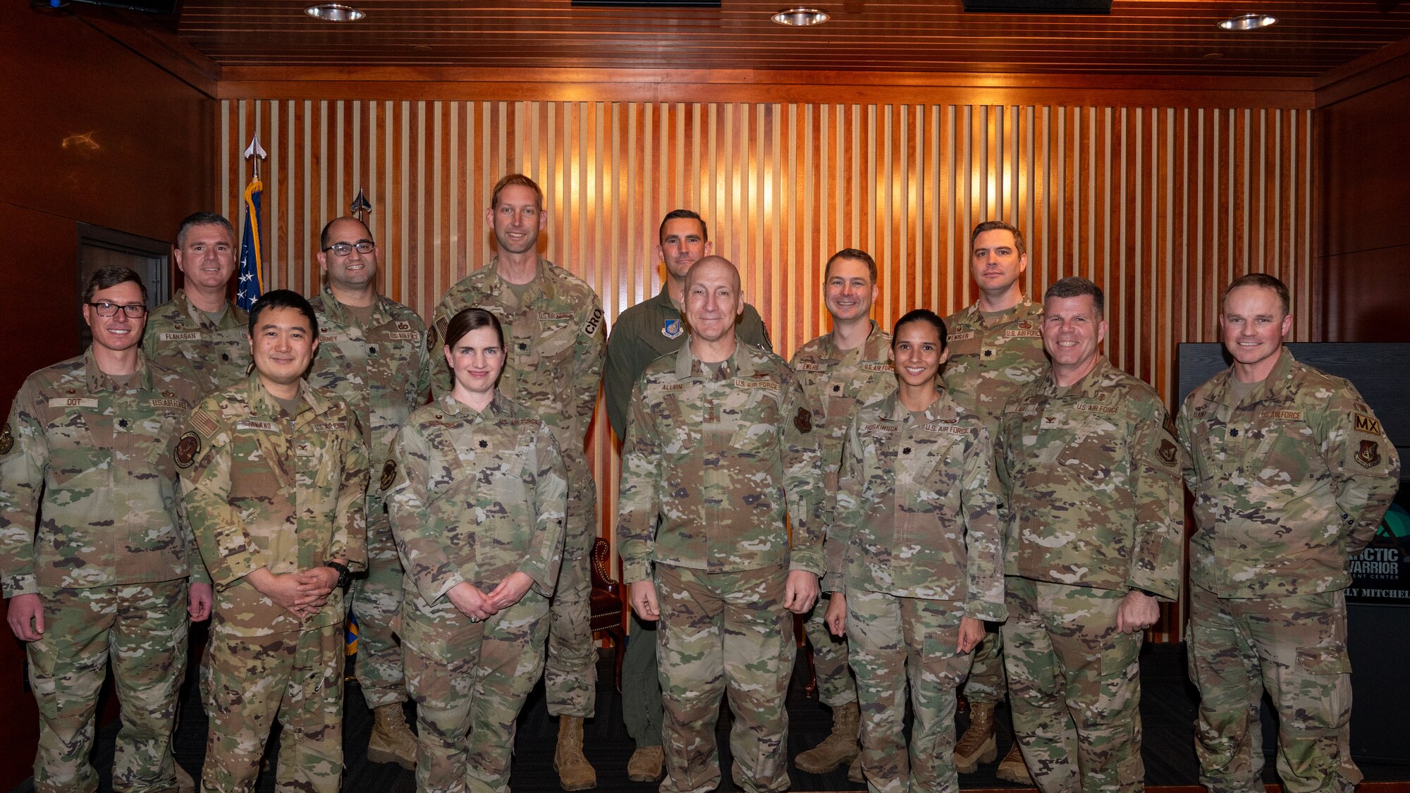 Air Force Chief of Staff Gen. David Allvin (center) poses with commanders of the 673d Air Base Wing and 3rd Wing in the Arctic Warrior Events Center at Joint Base Elmendorf-Richardson, Alaska, Oct. 17, 2024.
