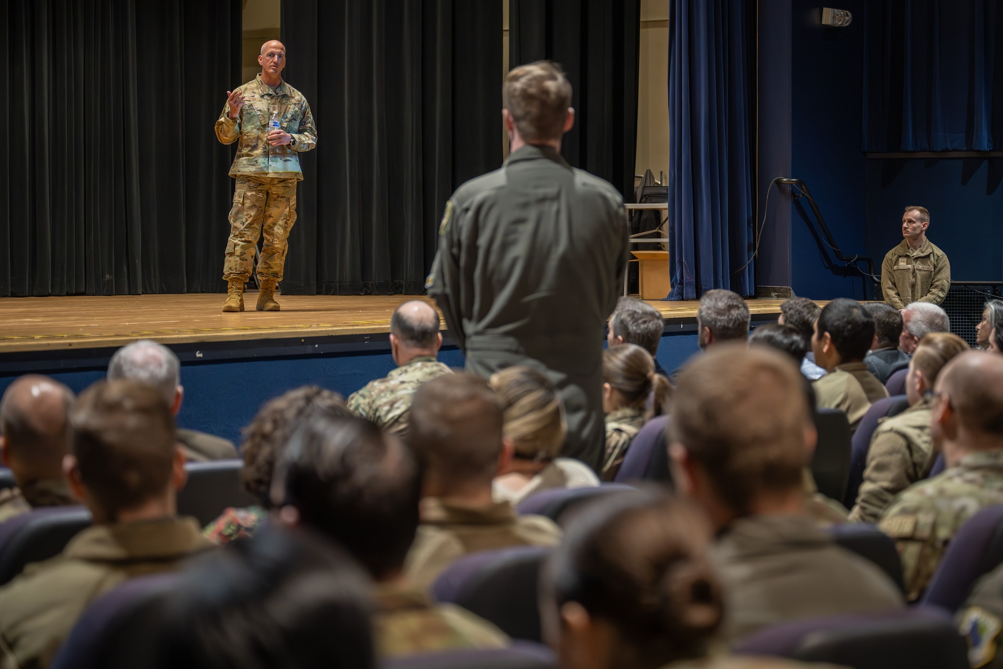 Chief Master Sgt. of the Air Force David Flosi speaks to members of Joint Base Elmendorf-Richardson, Alaska, Oct. 17, 2024.