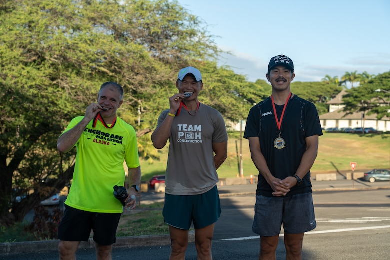Honolulu District staff and family members participated in the District’s 30th Annual Fun Run/Walk and Safety Day October 18, 2024. From right to left, the winners of the 2.5-mile run were Shawn Morimoto (1st), Pat Phung (2nd), Stan Wharry (3rd).