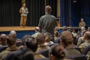 Chief Master Sgt. of the Air Force David Flosi speaks to members of Joint Base Elmendorf-Richardson, Alaska, Oct. 17, 2024.