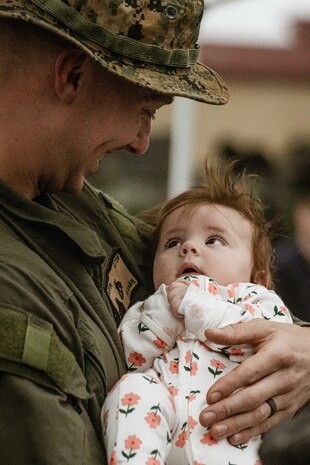 U.S. Marine Corps Sgt. Philip Maupin, a vehicle repair technician assigned to Alpha Company, Battalion Landing Team 1/5, 15th Marine Expeditionary Unit, holds his daughter after arriving at the Del Mar Boat Basin aboard Marine Corps Base Camp Pendleton, California Oct. 16, 2024.