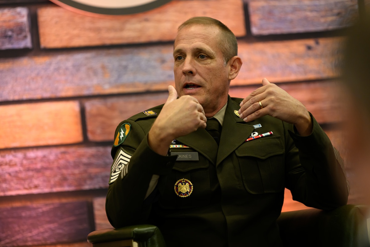 Command Sergeant Major of the Army National Guard, Cmd. Sgt. Maj. John T. Raines, delivers remarks during the AUSA Sergeant Major of the Army Professional Development Forum at the Walter E. Washington Convention Center in Washington, D.C., Oct. 16, 2024.