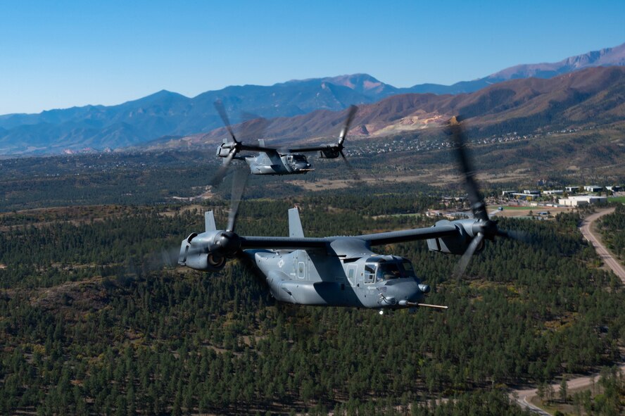 U.S. Air Force CV-22 Ospreys, assigned to the 20th Special Operations Squadron, fly over the United States Air Force Academy, Colorado, Oct. 5, 2024.