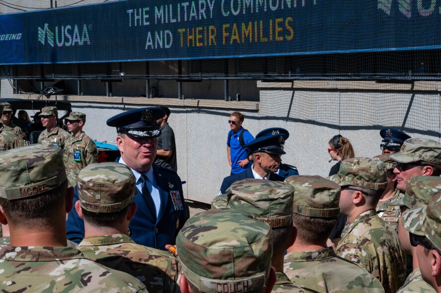 U.S. Air Force Lt. Gen. Tony Bauernfeind, United States Air Force Academy superintendent, congratulates Airmen assigned to the 15th Special Operations Squadron, 4th Special Operations Squadron and 20th Special Operations Squadron, after a flyover at USAFA, Colorado, Oct. 5, 2024.