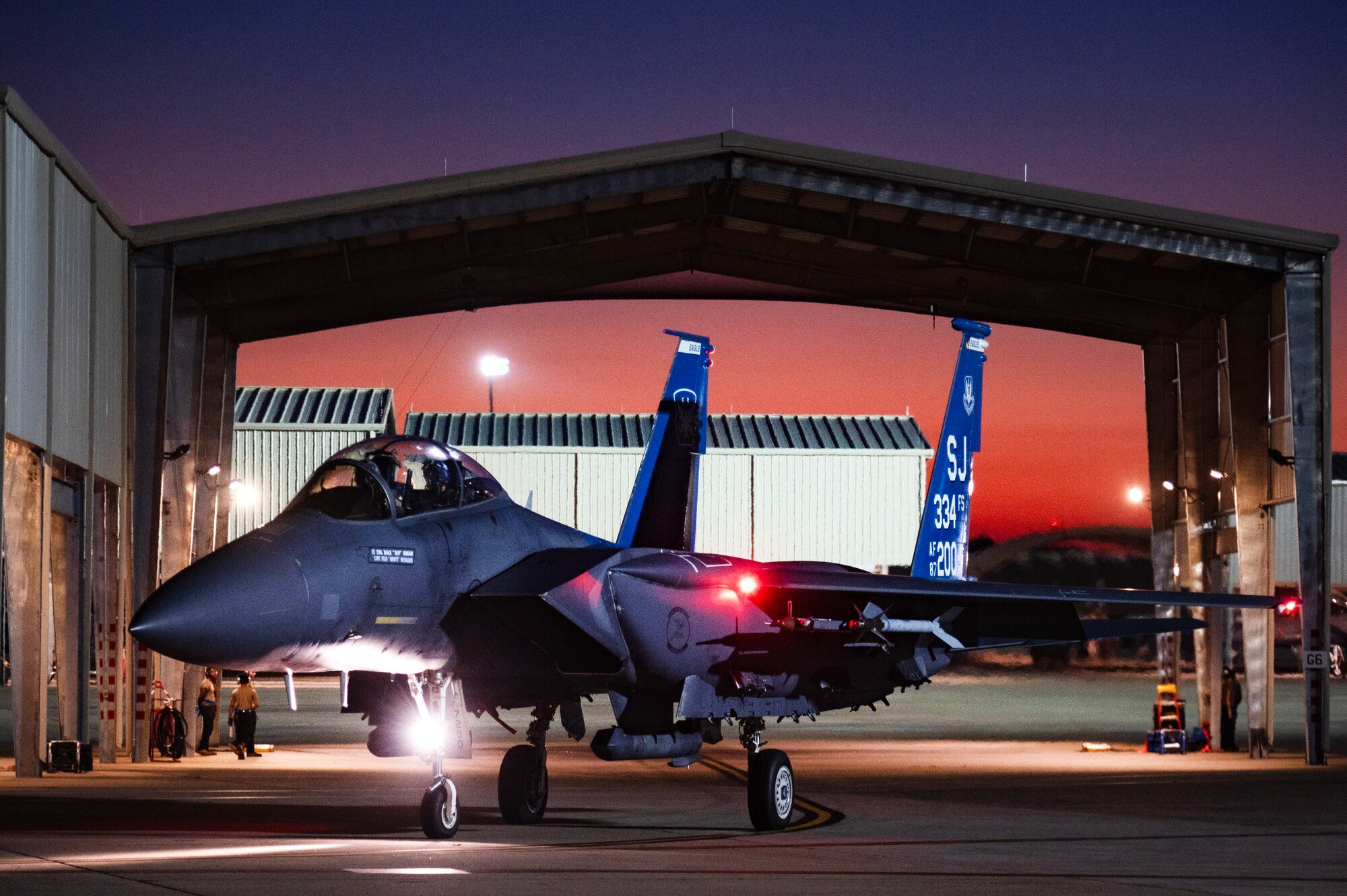 A U.S. Air Force F-15E Strike Eagle assigned to the 334th Fighter Generation Squadron taxis during a “Super Nights” training event.