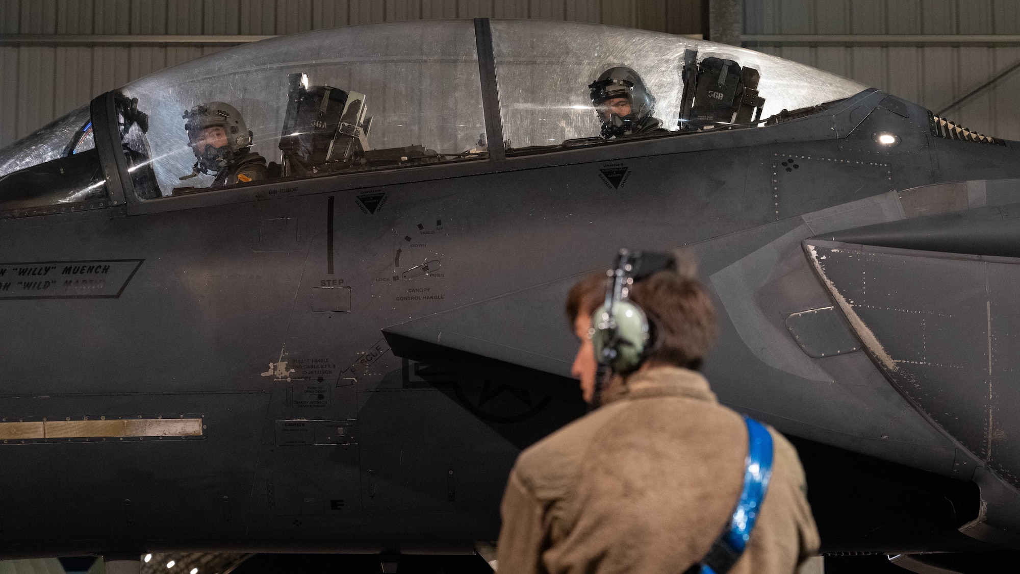 Airmen assigned to the 334th Fighter Generation Squadron return from a flight on an F-15E Strike Eagle during a “Super Nights” event at Seymour Johnson Air Force Base.