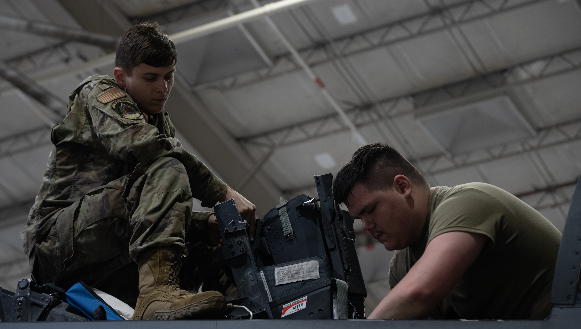 U.S. Air Force Airmen, 4th Component Maintenance Squadron, perform maintenance on an F-15E Strike Eagle during a “Super Nights” training event at Seymour Johnson Air Force Base.