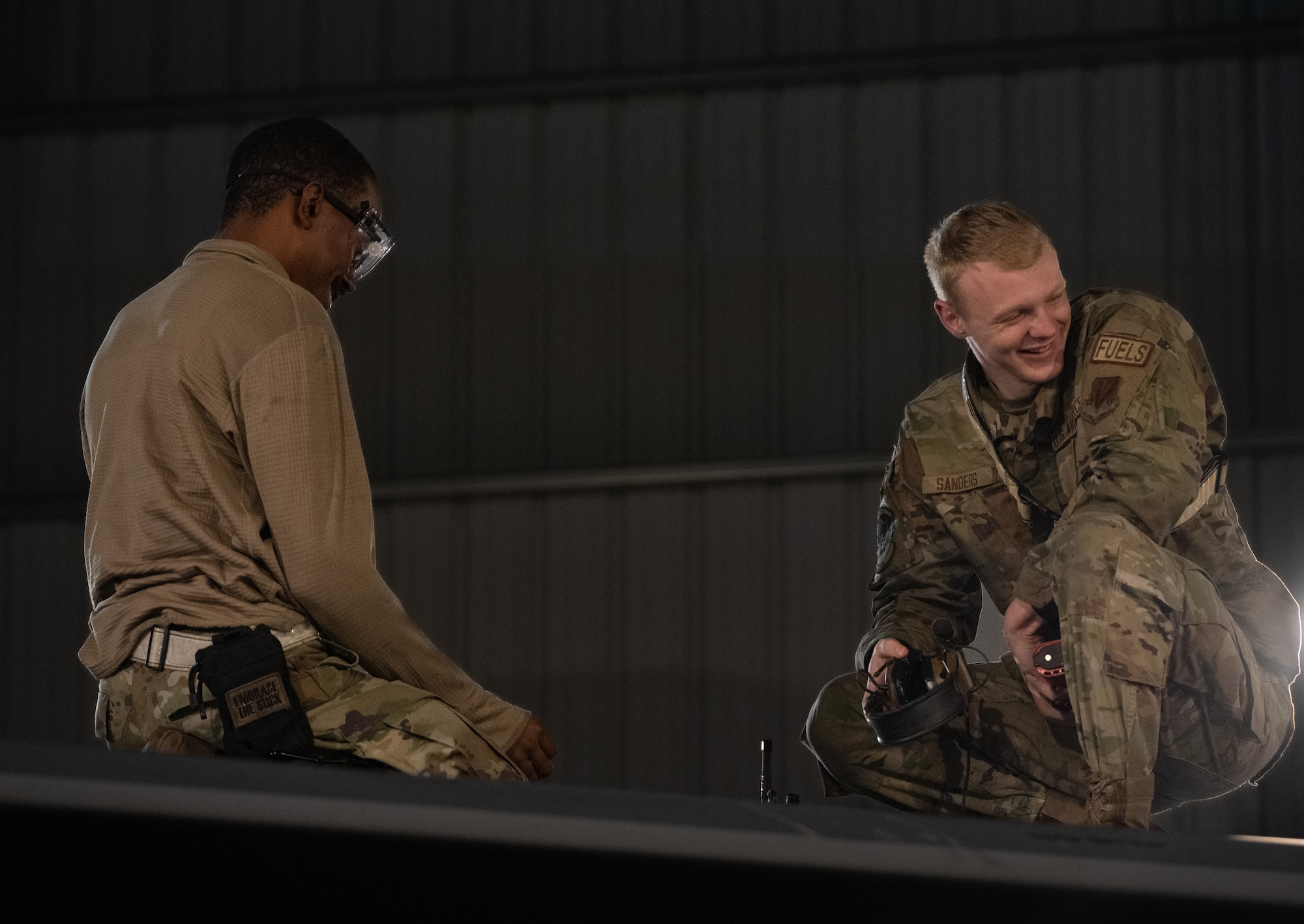 Airmen assigned to the 4th Component Maintenance Squadron perform maintenance on an F-15E Strike Eagle during a “Super Nights” training event at Seymour Johnson Air Force Base.