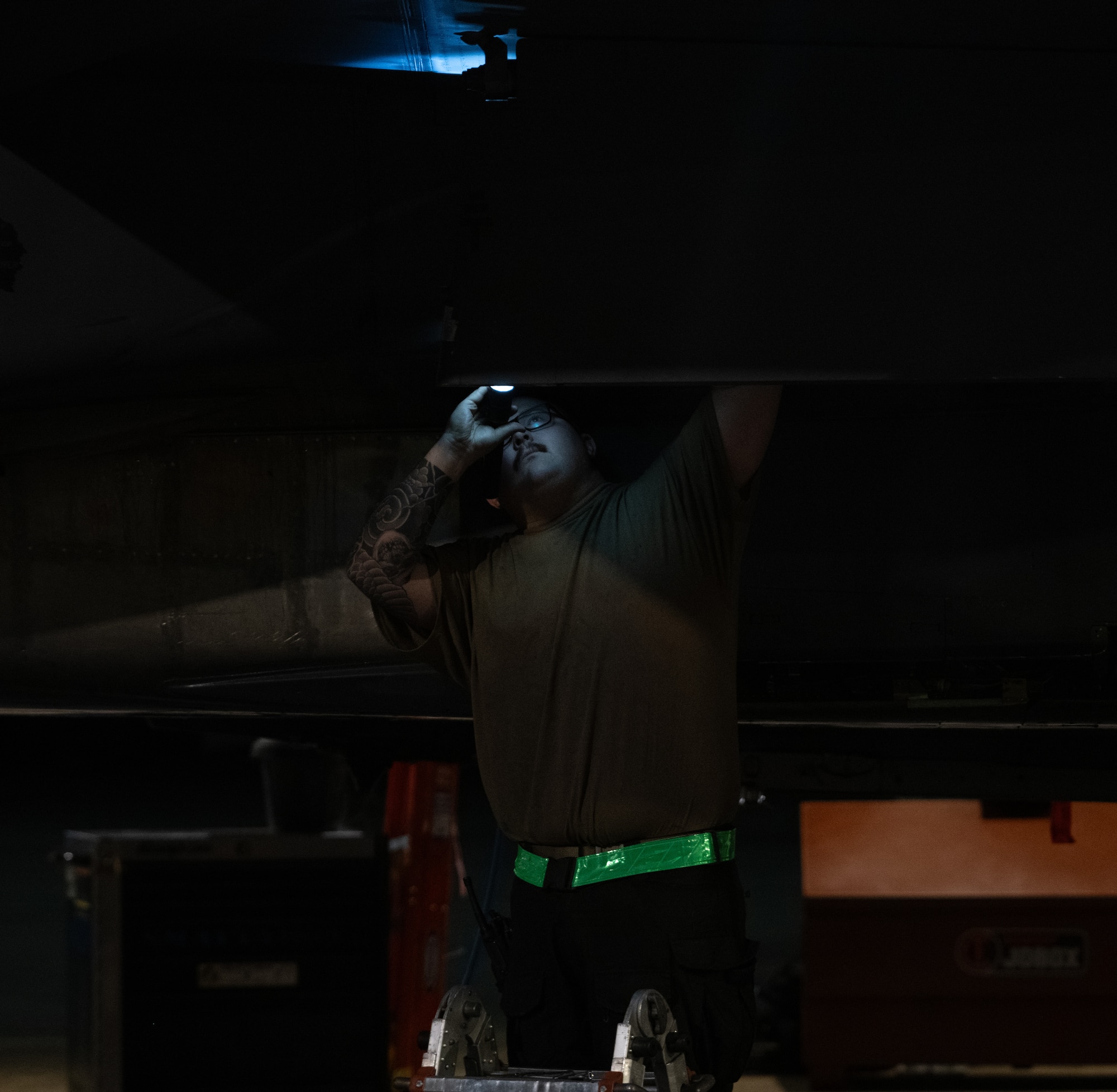 Airman Cole Hayden, 4th Equipment Maintenance Squadron, performs maintenance on an F-15E Strike Eagle during a “Super Nights” training event at Seymour Johnson Air Force Base.