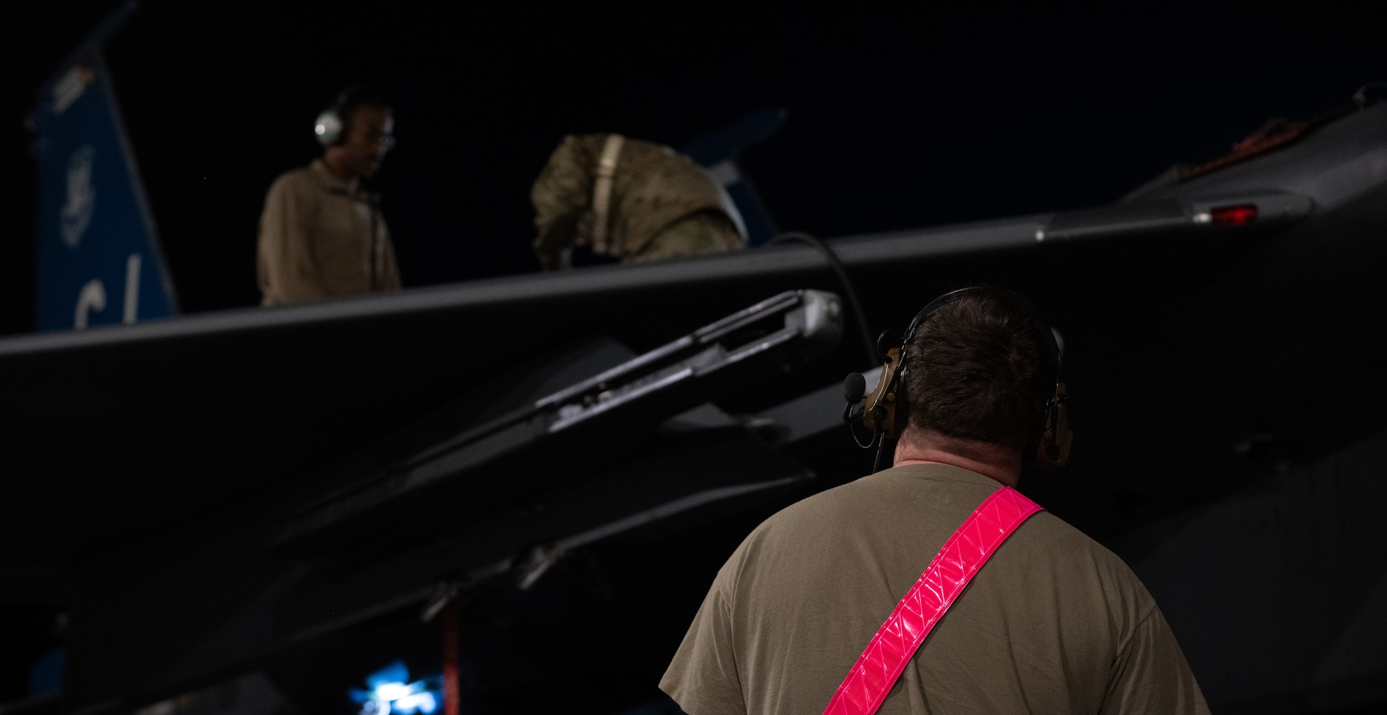 Airmen assigned to the 334th Fighter Generation Squadron perform maintenance on an F-15E Strike Eagle during a “Super Nights” training event at Seymour Johnson Air Force Base.