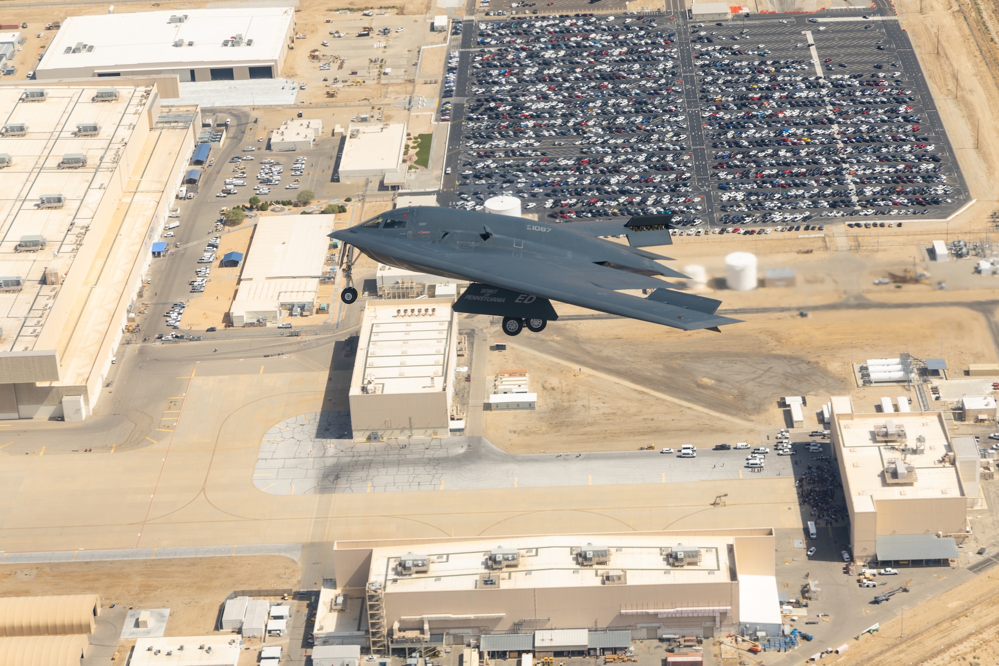 The Spirit of Pennsylvania B-2 Spirit assigned to the 419th Flight Test Squadron, 412th Test Wing, flies over Air Force Operating Location Plant 42 in Palmdale, California, July 17. (Air Force photo by Christian Turner)
