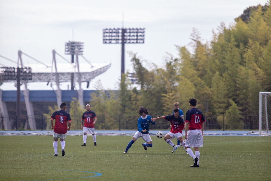 Members of the Marine Corps Air Station Iwakuni Football Club and the Iwakuni City Football Club participate in a U.S. Japan soccer tournament at the Atago Sports Complex in Iwakuni, Japan, Sept. 28, 2024. Marine Corps Community Services Intramural Sports hosted a U.S. Japan soccer tournament with local teams from MCAS Iwakuni, the surrounding areas and Okinawa, made up of active duty service members, members of the Japan Maritime Self Defense Force and Master Labor Contract employees. (U.S. Marine Corps Photo by Sgt. Calah Thompson)