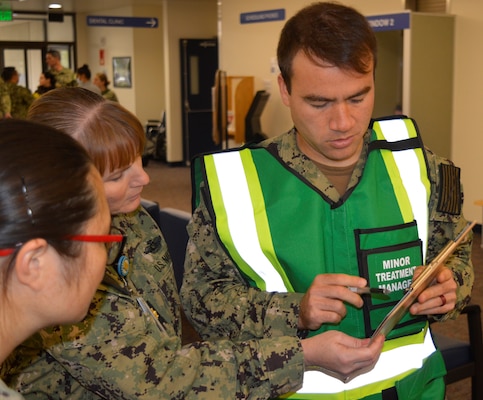 Navy Medicine Readiness Training Unit Bangor staff rapidly responded to a [mock] earthquake, Oct. 17, 2024. The exercise scenario – held in conjunction with Commander Naval Installations Command Citadel Rumble and Operation Dynamo 2024 – provided the opportunity for the branch health clinic to test a handful of objectives which are considered crucial during any actual seismic event. Clinic personnel were able to effectively test their collective capability to drop, cover and hold; evacuated all personnel, achieve 100 percent accountability of all those evacuated; provide triage to injured appropriately, and readily exchange timely communication with each other throughout the drill (Official Navy photo by Douglas H Stutz, NHB/NMRTC Bremerton public affairs officer).