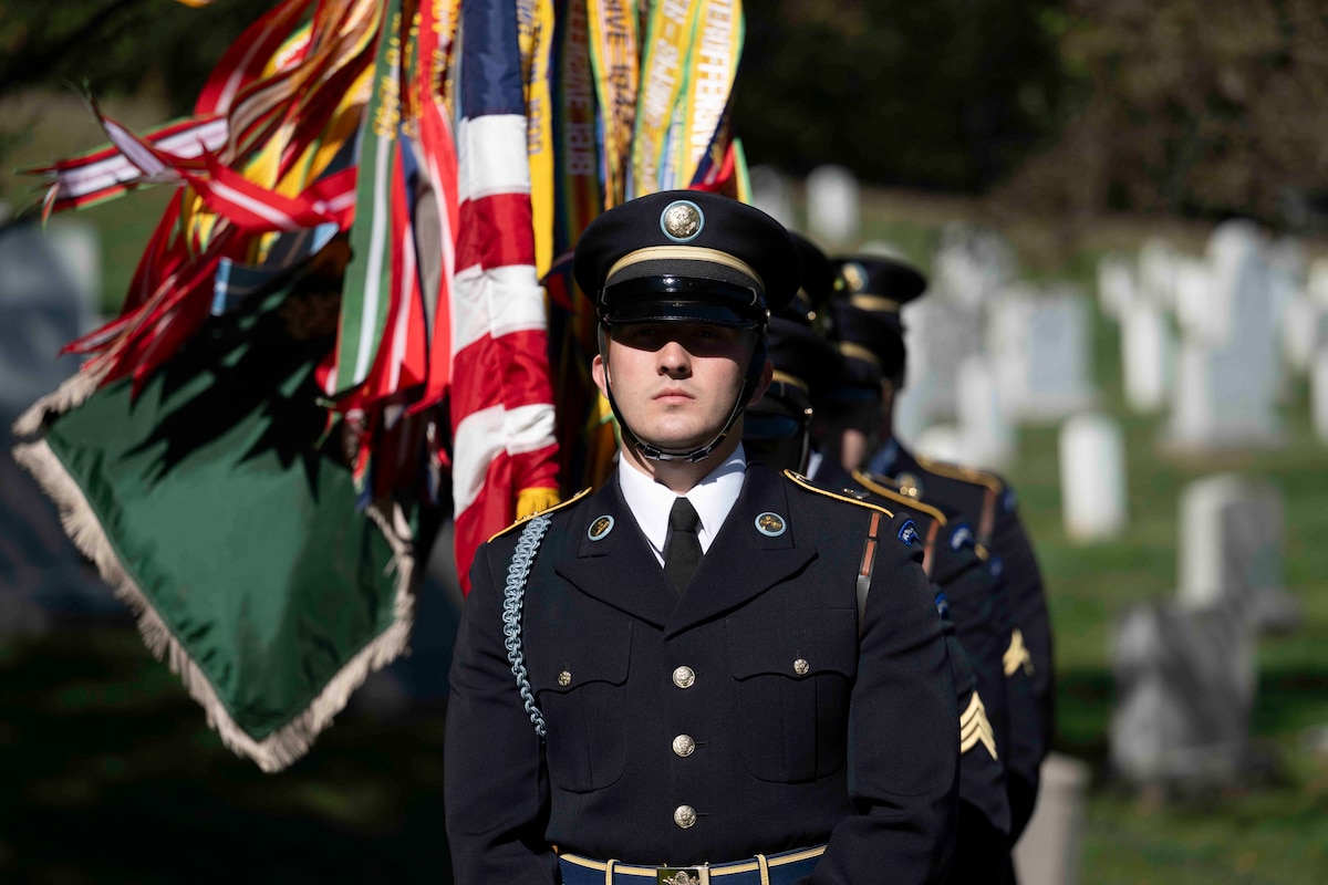 Soldiers in formal uniforms stand in line at attention in a cemetery on a sunny day. Some soldiers hold flags.