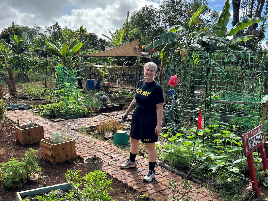 Sgt. 1st Class Porsha Gigliotti in the garden at the SRU in Hawaii.