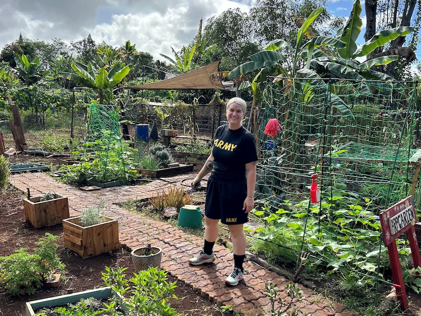 Sgt. 1st Class Porsha Gigliotti in the garden at the SRU in Hawaii.