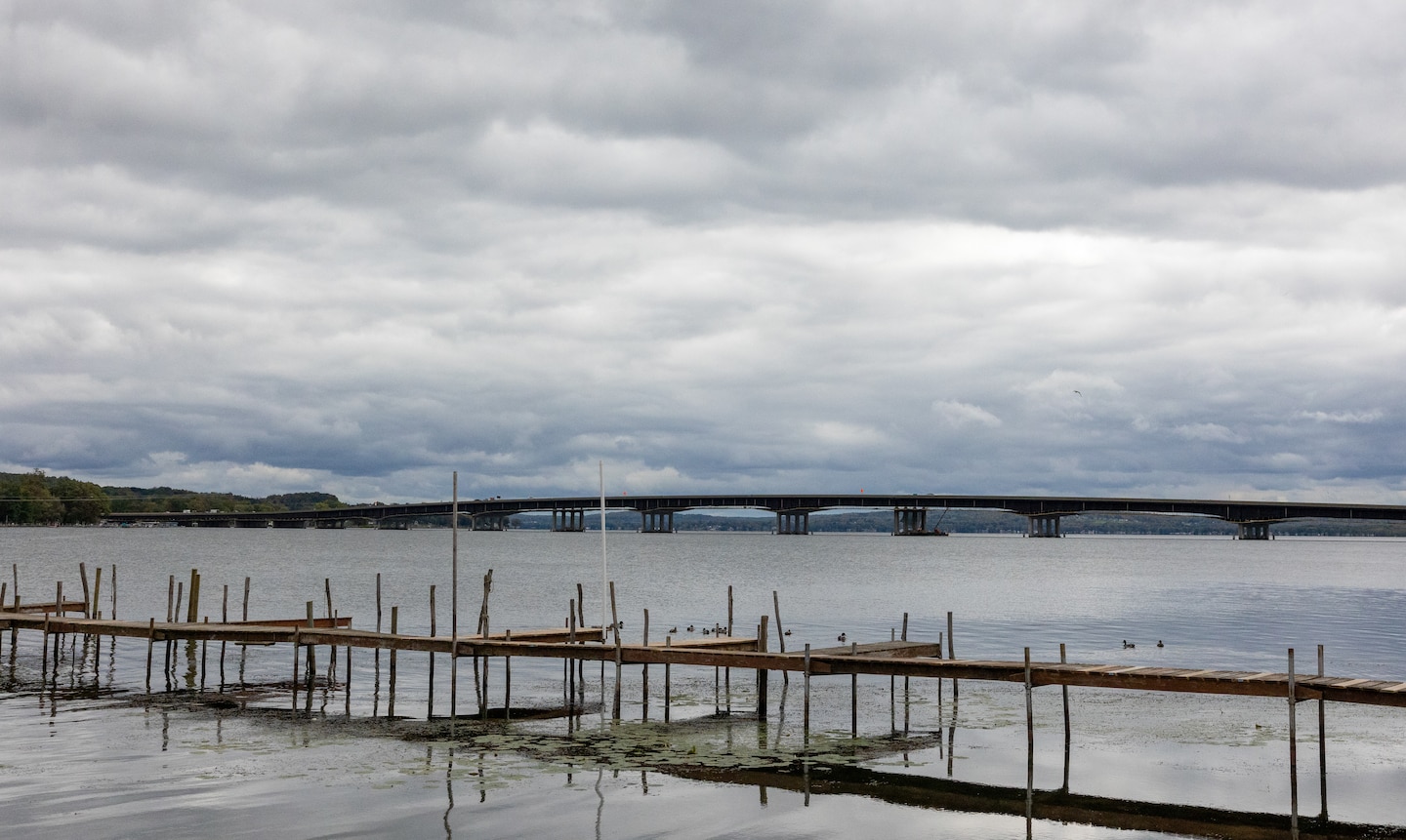 A dock in a lake.