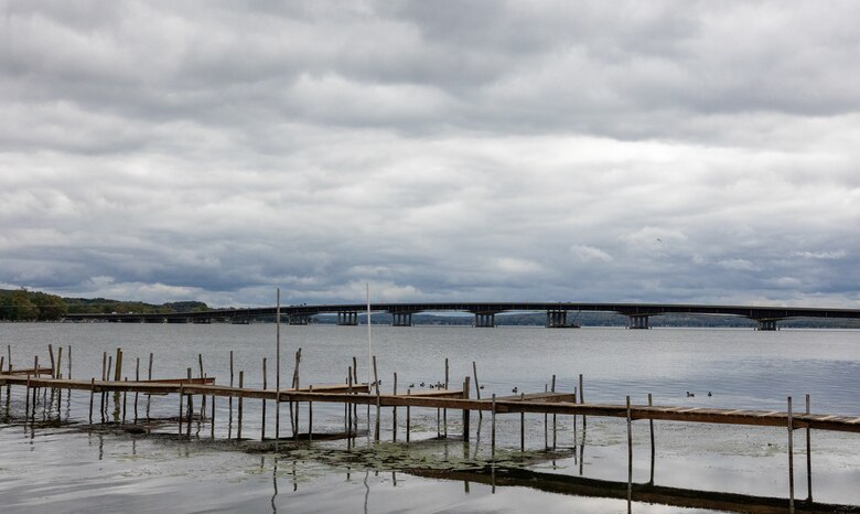 A dock in a lake.