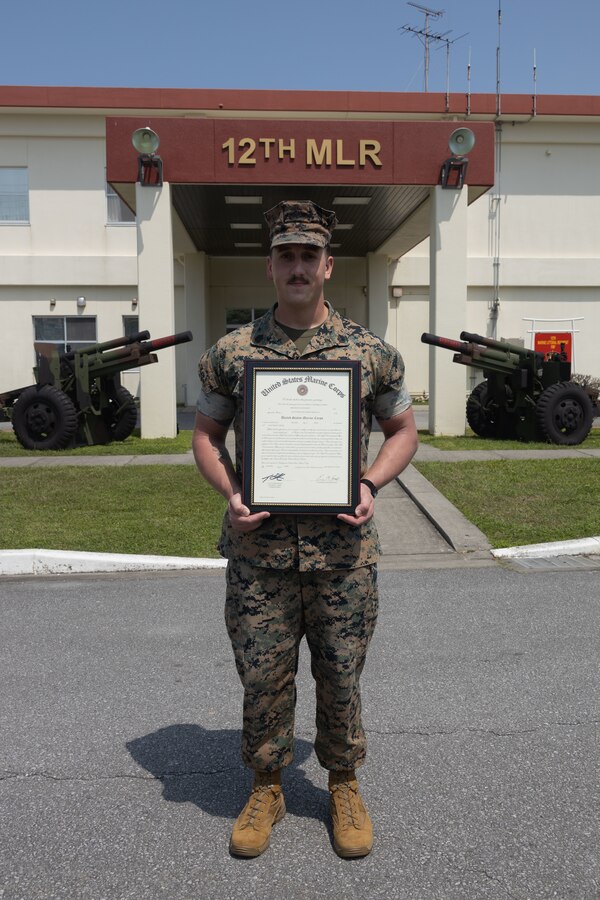 U.S. Marine Corps Sgt. Brenden Kuhlmann poses for a photo on Camp Hansen, Okinawa, Japan, April 11, 2024. Kuhlmann was meritoriously promoted to staff sergeant for superior performance in his occupational specialty and as recognition of his ability to assume positions of greater authority and responsibility. Kuhlmann, a native of Alaska, is an artillery electronics technician with 12th Marine Littoral Regiment, 3d Marine Division.