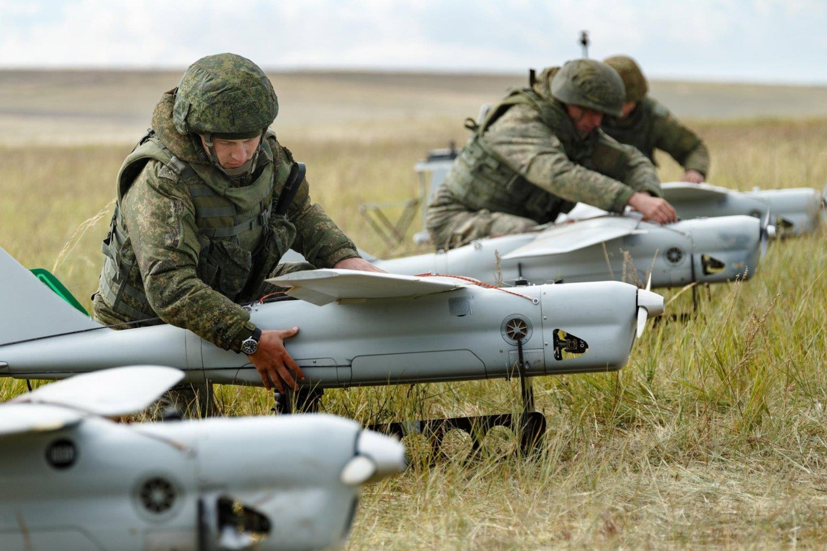 Russian troops undertake military exercises using Orlan-10 drones