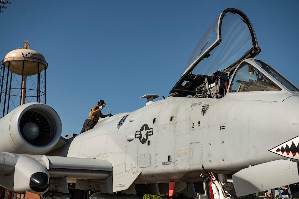 A U.S. Air Force Airman assigned to the 23rd Fighter Group conducts post-flight checks