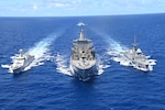 220727-N-N0842-1004-IN PACIFIC OCEAN (July 27, 2022) – Indonesian Navy frigate KRI I Gusti Ngurah Rai (332), left, Henry J. Kaiser-class fleet replenishment oiler USNS Pecos (T-AO 197), center, Republic of Singapore Navy guided-missile frigate RSS Intrepid (69), right, and Indian Navy frigate INS Satpura (F 48), back, conduct a refueling-at-sea during Rim of the Pacific (RIMPAC) 2022. Twenty-six nations, 38 ships, three submarines, more than 170 aircraft and 25,000 personnel are participating in RIMPAC from June 29 to Aug. 4 in and around the Hawaiian Islands and Southern California. The world's largest international maritime exercise, RIMPAC provides a unique training opportunity while fostering and sustining cooperative relationships among participants critical to ensuring the safety of sea lanes and security on the world's oceans. RIMPAC 2022 is the 28th exercise in the series that began in 1971. (Courtesy photo by Indian Navy)