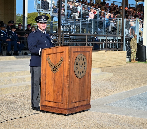 U.S. Space Force Chief of Space Operations Gen. Chance Saltzman speaks to the audience in attendance at a Basic Military Training graduation ceremony at Joint Base San Antonio-Lackland, Texas, Oct. 17, 2024. More than 800 Guardians and Airmen assigned to Flights 643-660 marched in the 737th Training Group’s graduation parade for which Saltzman was the reviewing official. The ceremony is one of three U.S. Air Force and Space Force Basic Military Training graduation events and signifies the transition from trainee to Airman or Guardian. (U.S. Air Force photo by Jonathan Cotto)
