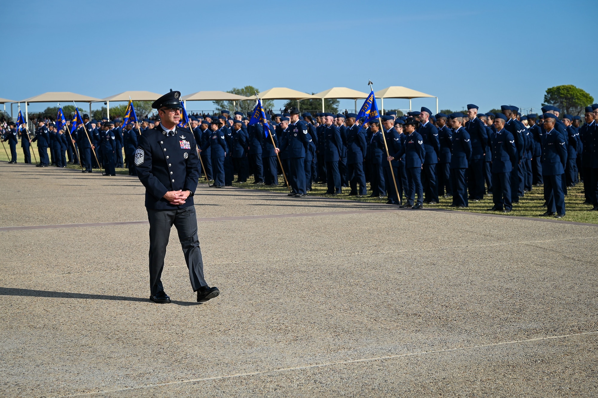 Chief Master Sgt. of the Space Force John Bentivegna speaks to Basic Military Training graduates in the 737th Training Group’s graduation parade, at Joint Base San Antonio-Lackland, Texas, Oct. 17, 2024. More than 800 Guardians and Airmen assigned to Flights 643-660 marched in the 737th Training Group’s graduation parade for which Saltzman was the reviewing official. The ceremony is one of three U.S. Air Force and Space Force Basic Military Training graduation events and signifies the transition from trainee to Airman or Guardian. (U.S. Air Force photo by Jonathan Cotto)
