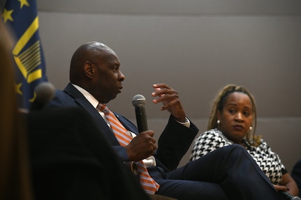 Kenneth McNeill, the chief information officer with the National Guard Bureau, responds to a question during a panel discussion on cybersecurity at the Herbert R. Temple Army National Guard Readiness Center, Arlington Hall Station in Arlington, Virginia, Oct. 16, 2024. The panel included cyber officials from throughout the Department of Defense and Department of Homeland Security and was held as part of Cybersecurity Awareness Month.