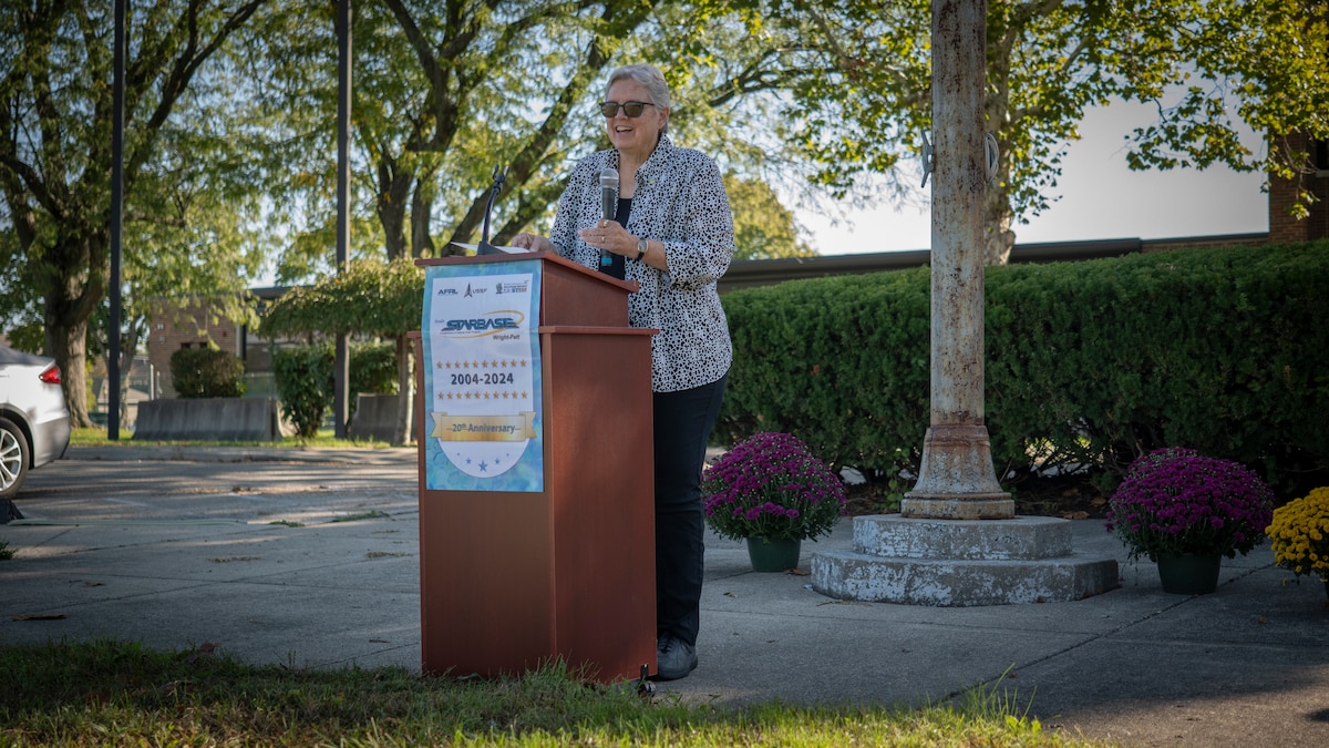 Ohio Director of Military and Veteran Relations Tammy Puff reads a proclamation signed by Gov. Mike DeWine and Lt. Gov. John Husted, as  Air Force Research Laboratory leaders and community members celebrate the 20th anniversary of the Department of Defense STARBASE Wright-Patt program Oct. 4, 2024, at a Child Development Center on Spinning Road in Dayton, Ohio. “STARBASE itself is an incredible program. It helps to prepare the coming generations for the workforce, particularly in the growing field of [science, technology, engineering and math] jobs,” Puff said. “The educators here are phenomenal, dedicated and passionate about their work. You watch the commitment, and you know they absolutely love what they're doing.” (U.S. Air Force photo / Keith Lewis)