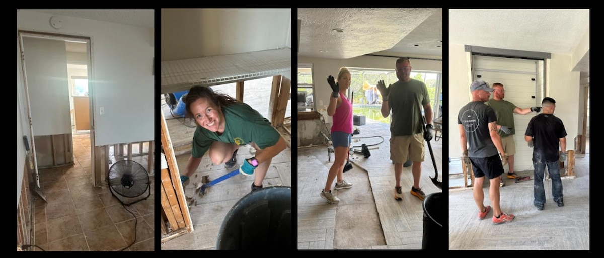 Citizen Airmen work to restore houses of their wingmen damaged during Hurricanes Helene and Milton in the Tampa Bay area, Sept. through Oct. 2024. Hurricane Helene made landfall on Sept. 26, in Florida’s Big Bend region as a category 4 storm and Hurricane Milton reached the Sarasota, Florida, area on Oct. 9, striking with category 3 force.