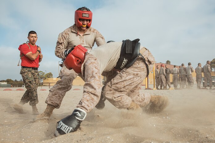 U.S. Marine Corps Staff Sgt. Joshua Cabello, a drill instructor with Alpha Company, 1st Recruit Training Battalion, observes a body sparring event at Marine Corps Recruit Depot San Diego, California, Sept. 30, 2024. Recruits are taught Marine Corps Martial Arts Program techniques that instill basic self-defense that they will execute throughout recruit training during events like body sparring and pugil sticks to help build a warrior ethos and esprit de corps. (U.S. Marine Corps photo by Cpl. Sarah M. Grawcock)