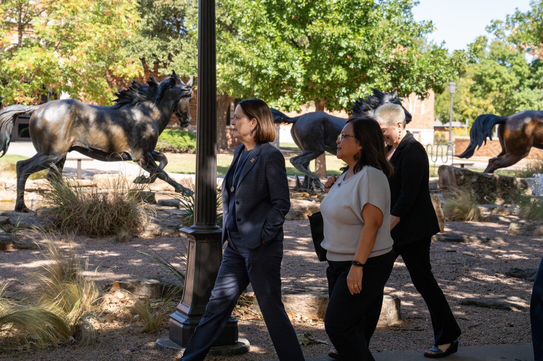 Mrs. Maureen Robinson, spouse of U.S. Air Force Lt. Gen. Brian Robinson, commander of Air Education and Training Command, tours Midwestern State University’s campus facilities with Ms. Stacia Haynie Ph.D, Midwestern State University’s current president