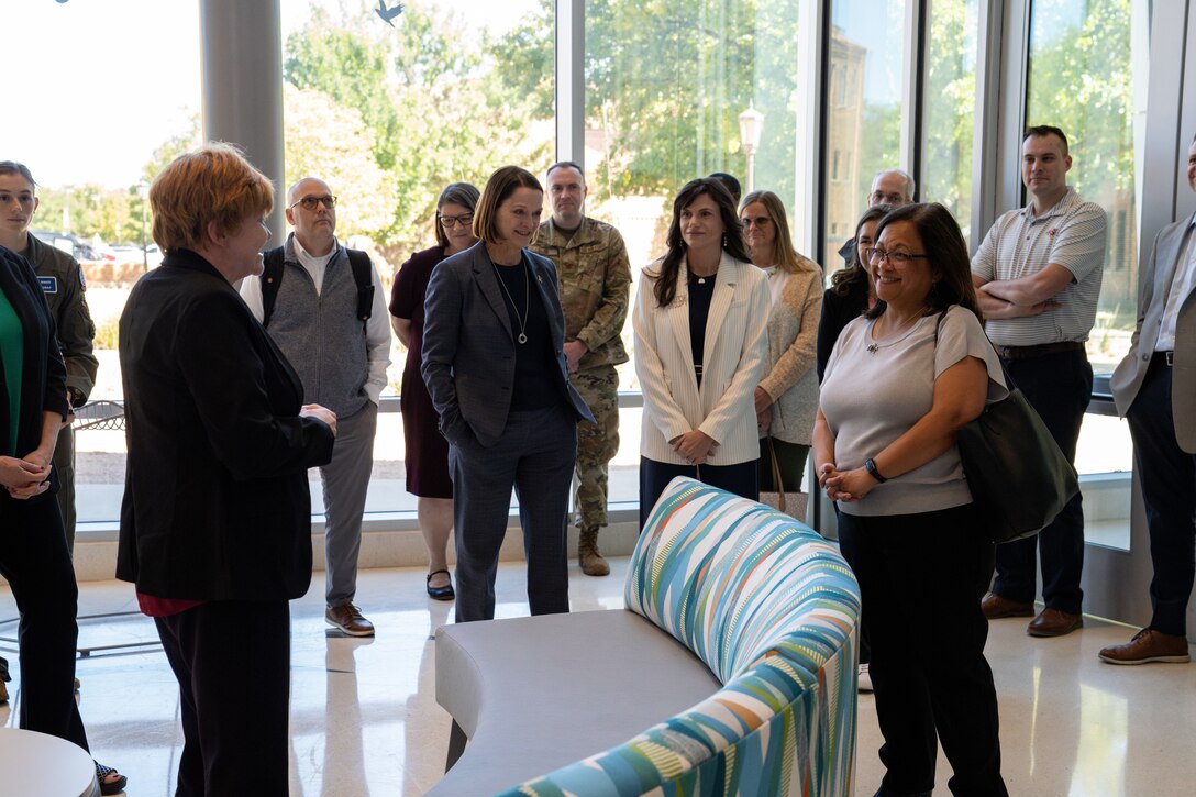 Mrs. Maureen Robinson, spouse of U.S. Air Force Lt. Gen. Brian Robinson, commander of Air Education and Training Command, tours Midwestern State University’s campus facilities with Ms. Stacia Haynie Ph.D, Midwestern State University’s current president